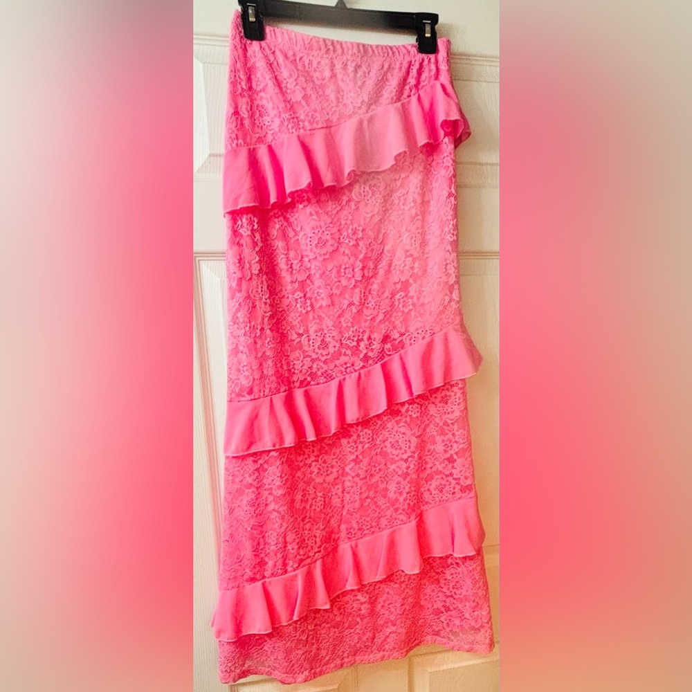 SHEIN Pink Lace Ruffle Midi Skirt